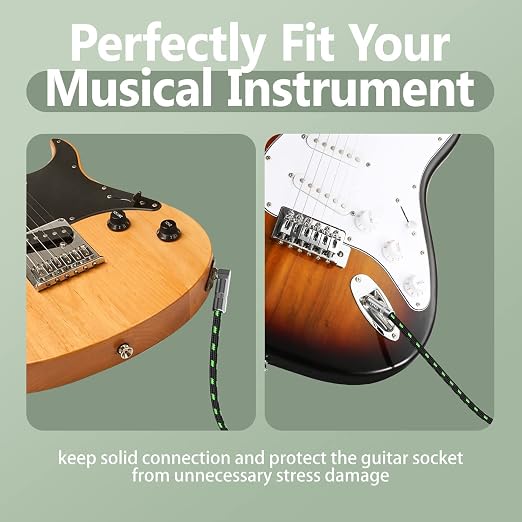10FT Instrument Cable - Electric Guitar & Bass Guitar Cable with Right Angle 1/4 Inch Connector, Black & Green