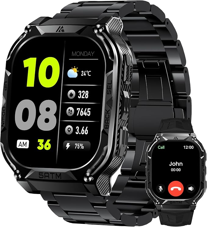 AMAZTIM Smart Watch with GPS - Rugged Outdoor Fitness Watch, 170+ Sports Modes, 5 ATM Waterproof, 1.96" AMOLED, Answer/Make Calls, Android & iOS Compatible (2 Straps)