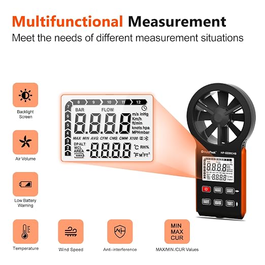 HOLDPEAK Handheld Anemometer, Digital Wind Speed Meter for HVAC, Drone Flying, Sailing & Weather Monitoring, Portable Air Flow Tester with Backlight, Rechargeable Battery, and Auto Shut-Off