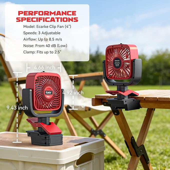 Ecarke 4" Clip Fan Compatible with Milwaukee 18V Battery (Tool Only) 3-Speed Cordless Clip-On Fan with 360° Rotation Low Noise Portable Desk Fan for Camping Jobsite Tent Fishing Outdoor