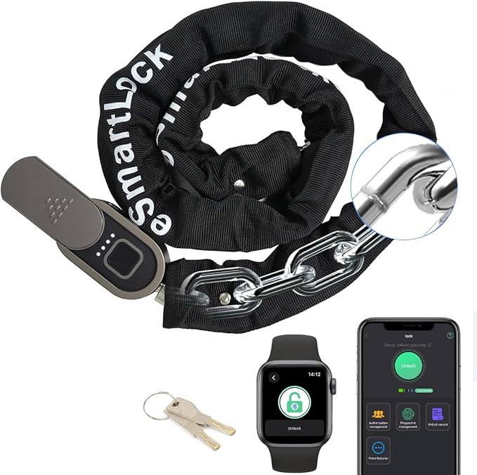 Chain Lock with Key eLinkSmart Waterproof Bicycle 100CM Chain Lock for Bike Scooter Motorcycle Door Fence Gate Fingerprint Bluetooth App Heavy Duty Outdoor Security