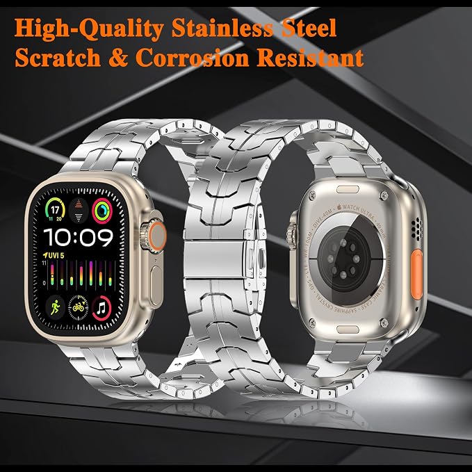 MioHHR Stainless Steel Band Compatible with Apple Watch Band 49mm 46mm 45mm 44mm 42mm(Series 3/2/1), Adjustable Metal Band for Men iWatch Series 10 9 8 7 6 5 4 3 2 1 SE SE2 SE3 Ultra3/2/1, Silver