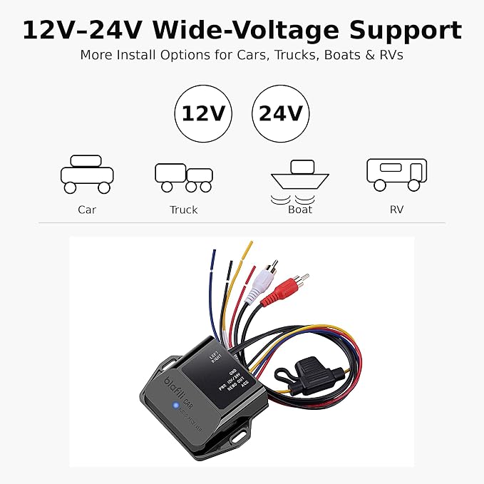 CAR Bluetooth Receiver with RCA Output for Car, Truck & Marine | Bluetooth 5.2, aptX Adaptive HD, 12V 24V compatible, ACC wire required, audio activated remote output, no micphone