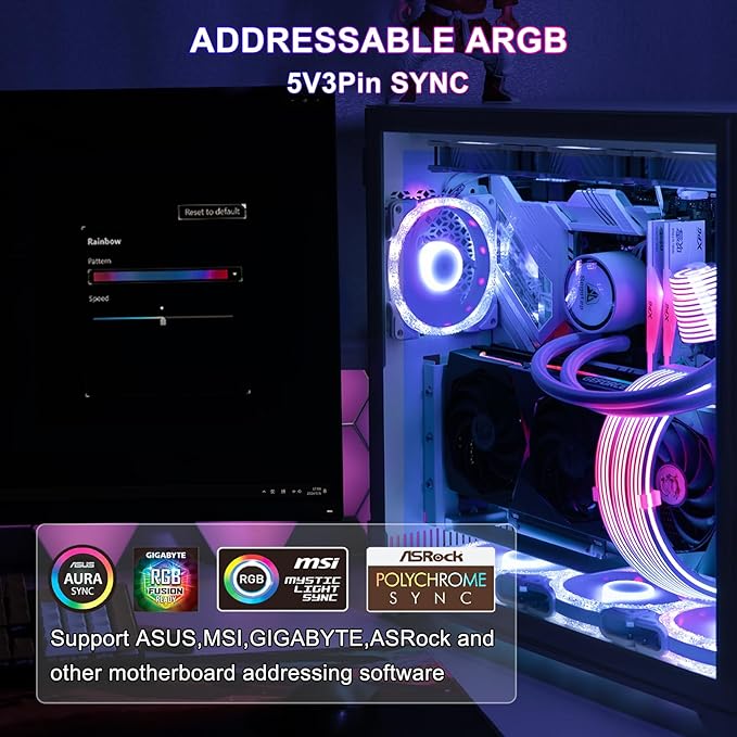 Sirlyr 24 Pin RGB PSU Cables,ARGB PC Cable for Motherboard Power Supply Extension - 5V 3Pin Addressable Four Sides Lighting RGB Strips Decor Computer Case White