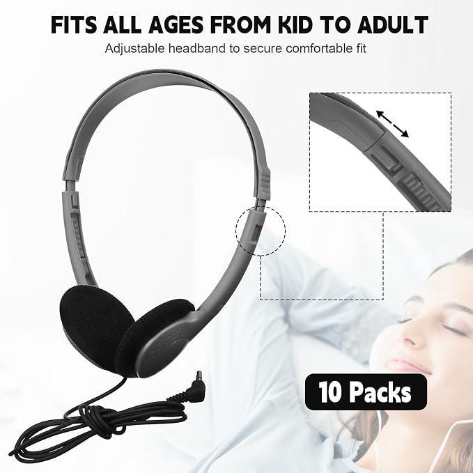 Konohan 10 Pack Headphones Bulk Headphone for School Classroom Student Wired Headphones Adjustable with 3.5 mm Jack for Adults (Grey)
