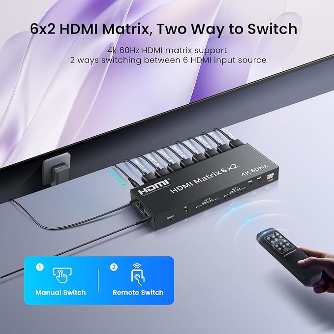 HDMI Matrix Switch 6 in 2 Out, 4K@60Hz HDMI Switch with IR Remote, Optical & 3.5mm Audio Output, 6x2 HDMI Switcher Audio Extractor Support HDMI 2.0, HDCP 2.2, 3D, Auto Downscal for PS5/4, Fire Stick