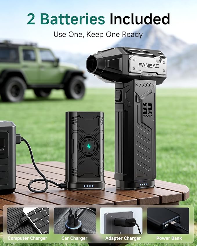 Compressed Air Duster | w/ 2 Battey Pack | 2-yr Warranty | 150,0000 RPM BLDC 150 mph Air flow, 3-Speed Rechargeable Electric Air Duster for Dust/Snow Cleaning