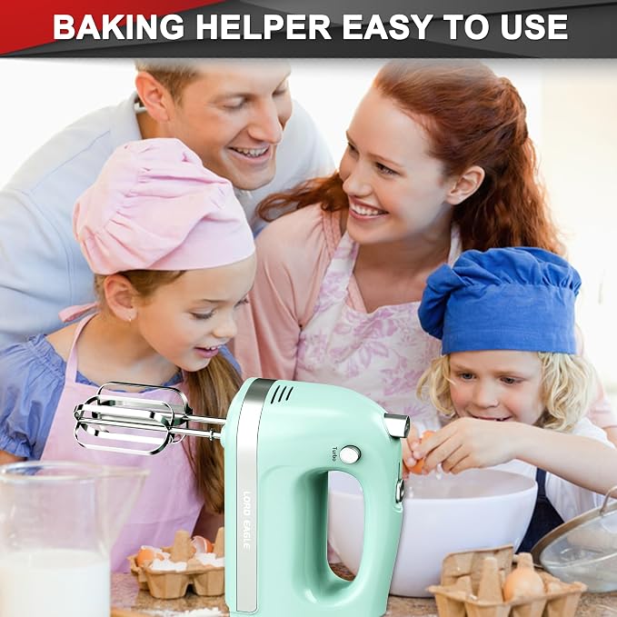 Lord Eagle Hand Mixer Electric Handheld 400W, 5-Speed Lightweight Kitchen Mixer with Storage Case, 5 Stainless Steel Attachments for Baking Cake Egg Cream Food Beater, Turbo+Eject Button, Green