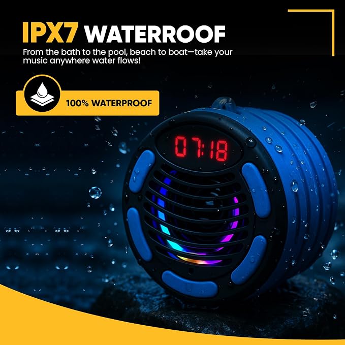 IPX7 Waterproof Portable Bluetooth Speaker with Digital Watch, for Shower, Pool, Beach, Bike, Includes MTB Handlebar Holder, Suction Cup & Carabiner, RGB Lights, FM Radio, USB-C - Gifts
