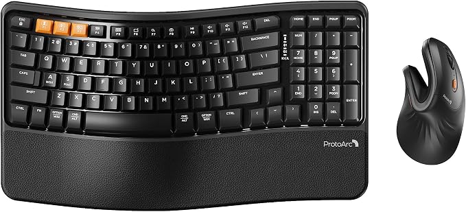 ProtoArc EKM02 Wave Keys Ergonomic Wireless Keyboard and Mouse, Bluetooth Keyboard with EM11 NL Ergonomic Vertical Mouse, Cushioned Palm Rest, Multi-Device, Rechargeable, for Windows, Mac - Black