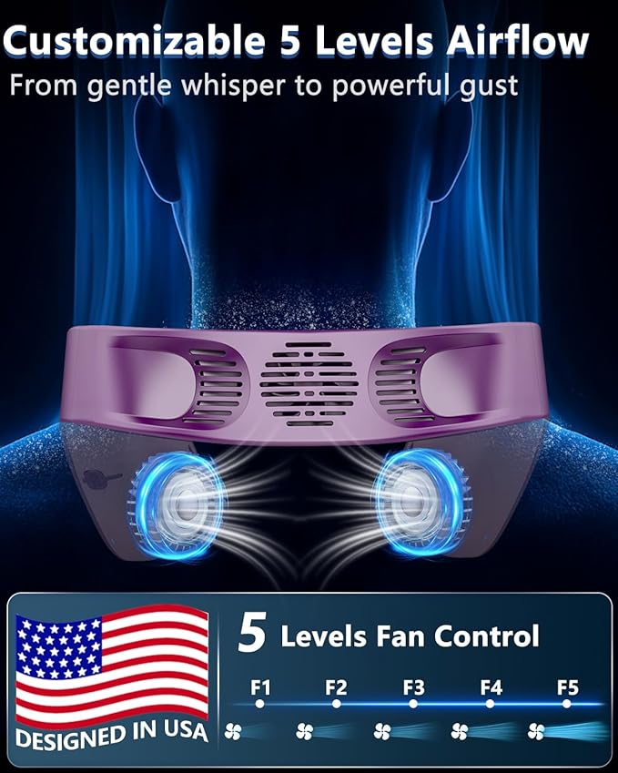 Neck Air Conditioner Portable Rechargeable,5500mah Cooling Neck Fans that Blow Cold Air,Best Cute Cold Piece of Metal Neck Cooler Ac,Noiseless Headphones Personal Cool Unit for Woman Man Kid Purple