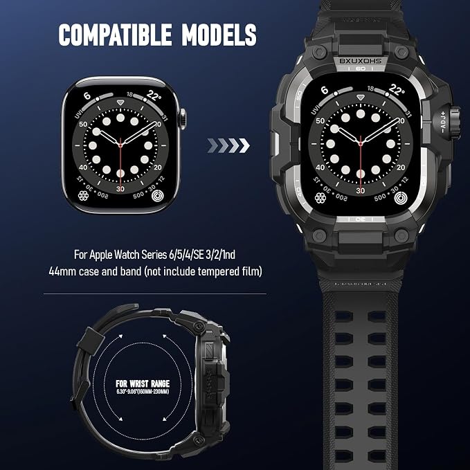 BXUXOHS Rugged Case and Band for Apple Watch 44mm Men, Compatible with Apple Watch SE 3/SE 2nd Generation/SE/Series 6/5/4, Military Grade Shockproof Bumper Cover,Tactical Band Case for iWatch 6/5/4/SE