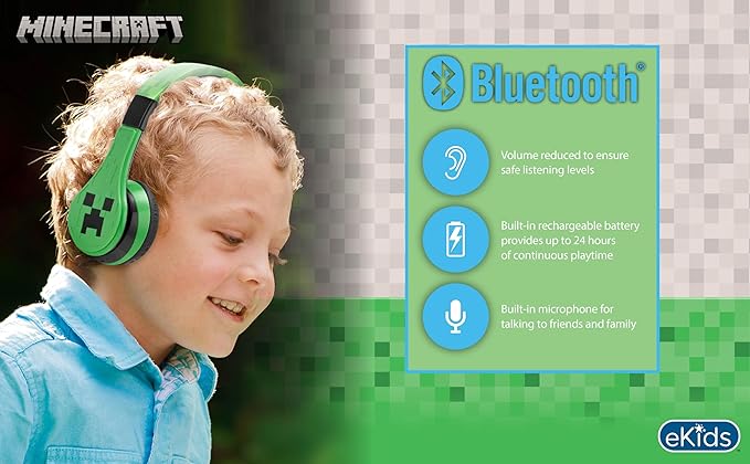 Minecraft Kids Bluetooth Headphones, Wireless Headphones with Microphone | Volume Reduced and Adjustable Headband
