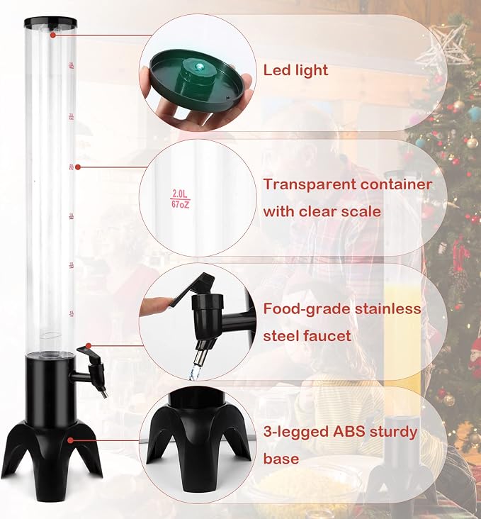 2pcs Beer Giraffe Dispenser, 100oz/3.2 qt Mimosa Tower Dispenser with Ice Tube and LED Light, 3L Tabletop Drink Tower Dispensers for Beer, Margarita, Liquor, Beverage