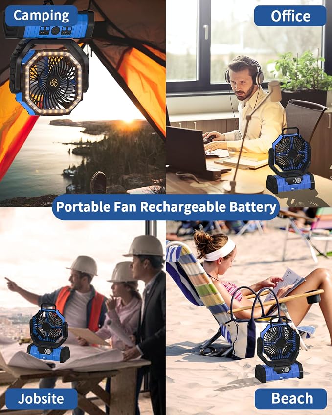 ADUST Camping Fan Battery Operated Powered Fan with LED Lantern Light 20000mAh Rechargeable Portable Oscillating, 360° Rotation Hanging Hook for Tents, Cordless USB Desk Fan(Blue)