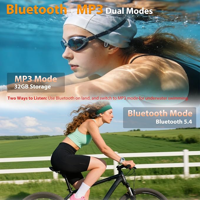 IP68 Waterproof Swimming Headphones, Bone Conduction Bluetooth 6.0 Headphones, Built-in 32GB MP3 Player, Soft Lightweight Open-Ear Design for Swimming Marathons Showers Cycling(Black