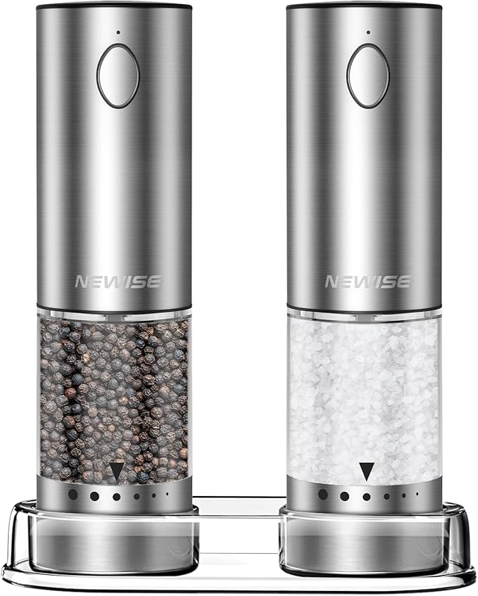 Newise Electric Salt and Pepper Grinder Set - Rechargeable Stainless Steel Salt and Pepper Shakers with LED Lights, Adjustable Coarseness, Large Capacity, Kitchen Appliances Gifts for Women