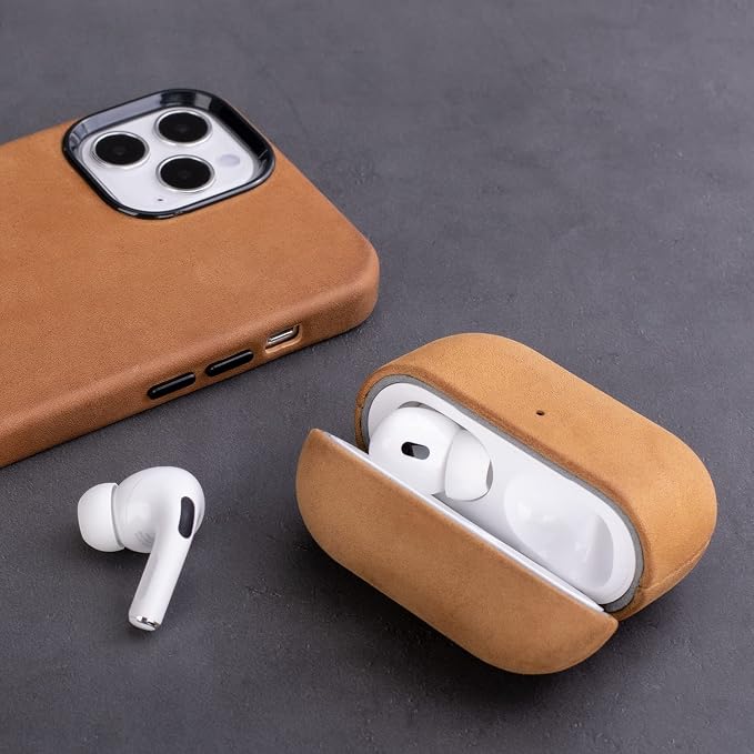 Maogoam for AirPods Pro 2nd Generation Leather Case Cover with Button, Genuine Oil Wax Crazy Horse Cowhide Leather Case for Airpods Pro 2, Indiana-Jones Style, The Front LED Visible, Khaki Brown