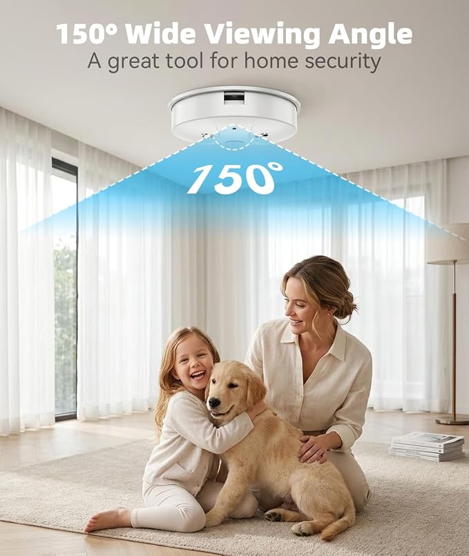 1080P HD Wireless WiFi Camera Smoke Detector for Home Security with App Control, Motion Detection, 150° Indoor Camera with Night Vision & Loop Recording for Office/Garage/Shop/Pet,User-Friendly