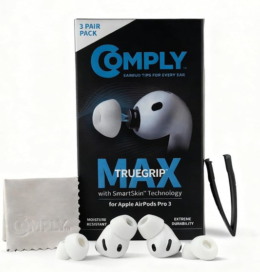Comply TrueGrip MAX | Premium Memory Foam Replacement Earbud Tips for Apple AirPods Pro Gen 3 | Long Lasting Comfort, MAX Durability, Secure Fit, Superior Noise Isolation| White (Large) (3 Pairs)