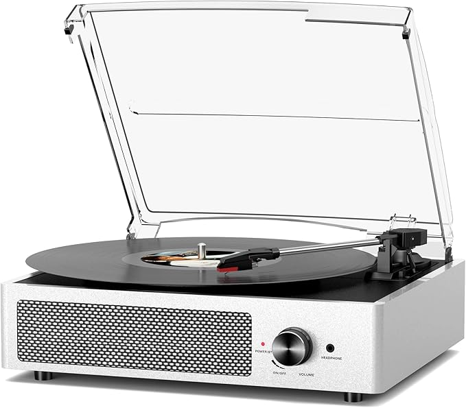 Vinyl Record Player with 2 Stereo Speakers Belt-Driven Vintage Turntables 3 Speed 3 Size Wireless Bluetooth Playback AUX-in RCA Out Headphone LP Vinyl Players Auto Stop Pale Silver
