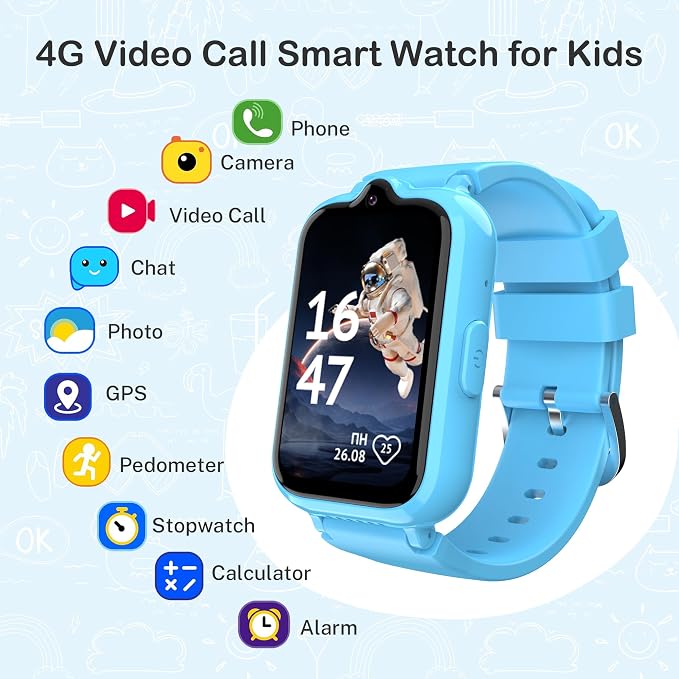 4G Kids Watch with GPS Tracker | Kids Smart Watch with Video & Voice Calling Alarm SOS Pedometer Calculator Camera HD Touch Screen School Mode, Gift Watches for Kid, Boys and Girls Age 5-12