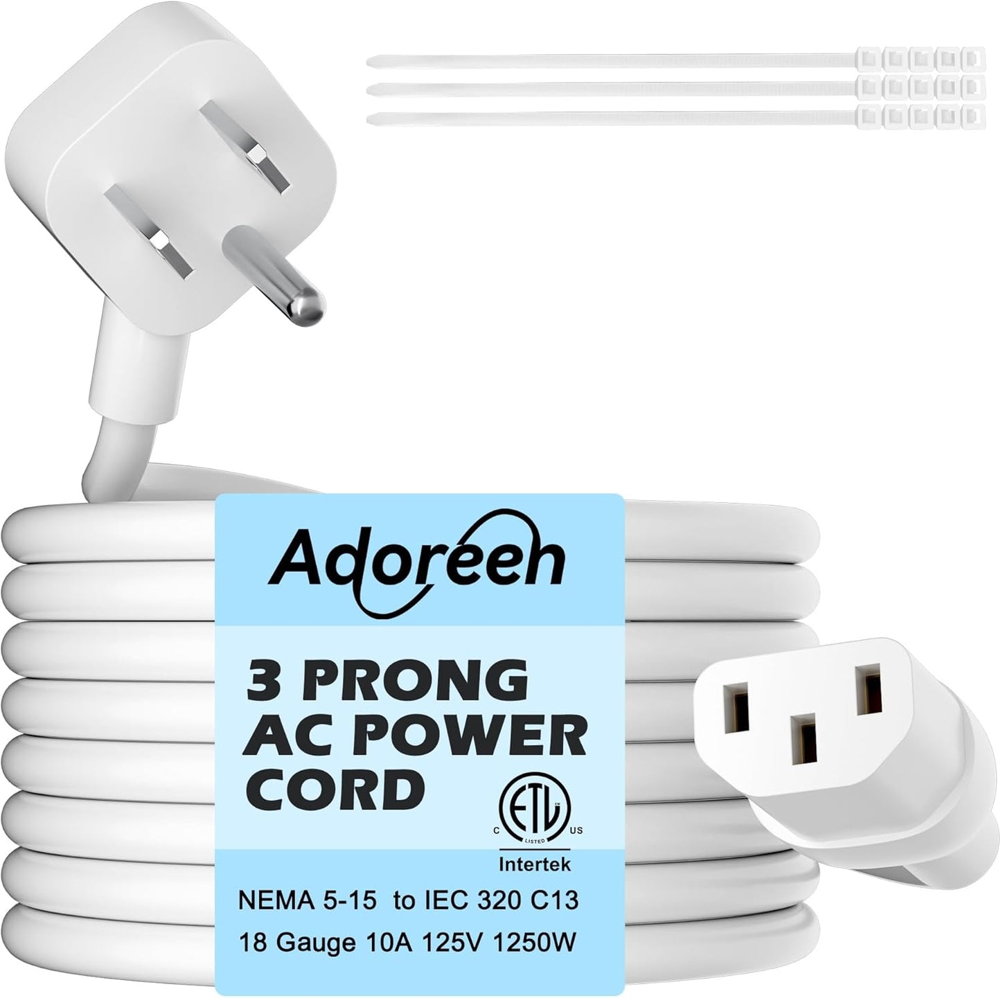 Adoreen 20 Ft Computer TV Replacement Power Cord White, Low Profile Flat Plug 18AWG 3-Prong AC Universal Power Supply Cable NEMA 5-15P to IEC 320 C13 for Printer, PC, Monitor TV LCD, ETL+Ties