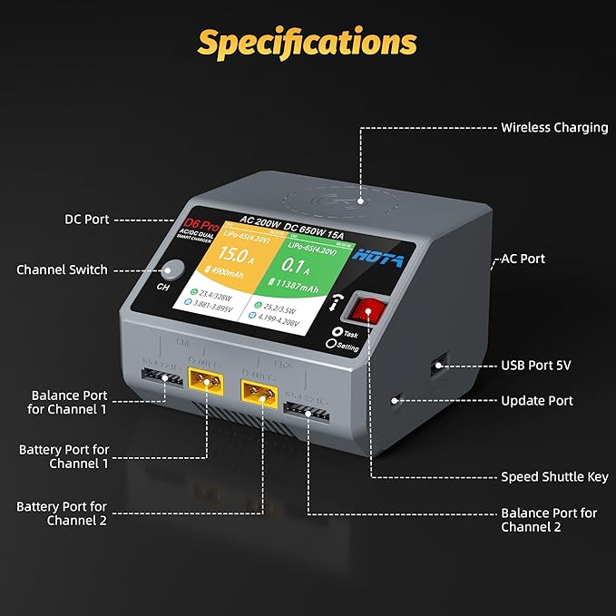 HOTA D6 Pro RC Battery AC200W DC 325W Dual RC Charger 15A Balance Charger for RC 1S 2S 3S 4S 5S 6S Lipo Batteries LiHv Nicd NiMH Battery Charging RC Car, Boat, FPV Race Drone Parts