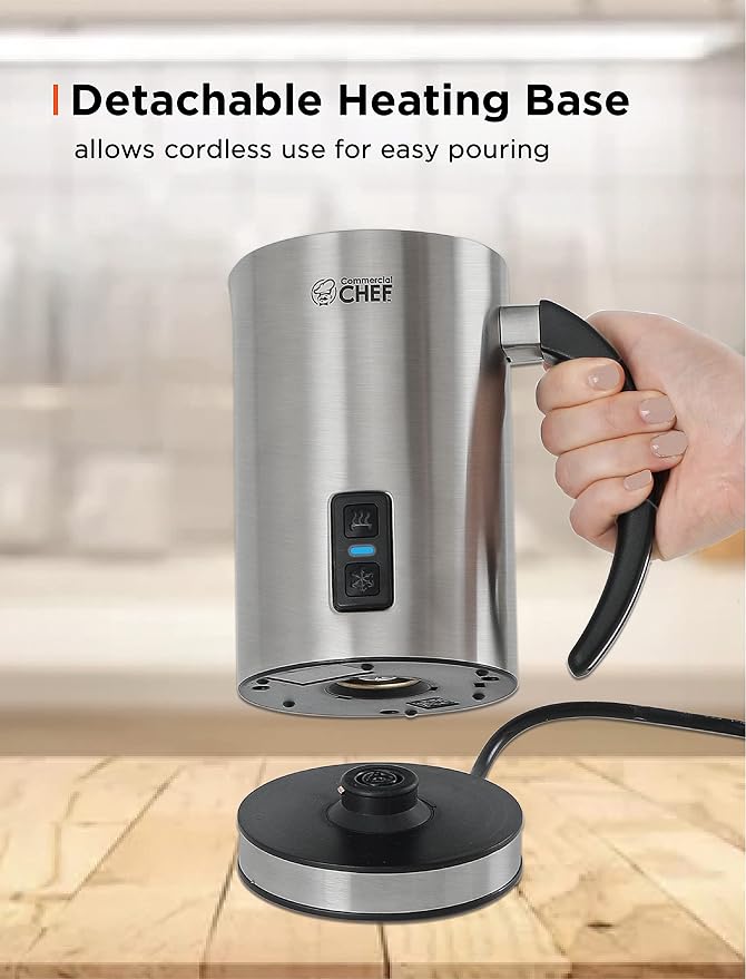 Commercial Chef Cordless Milk Frother for Hot and Cold Milk, 1-Cup/240ml Capacity, Handheld Frother for Kitchen Coffee Bar, Cappuccino and More, Non-Stick Exterior, CHMF08S, Stainless Steel