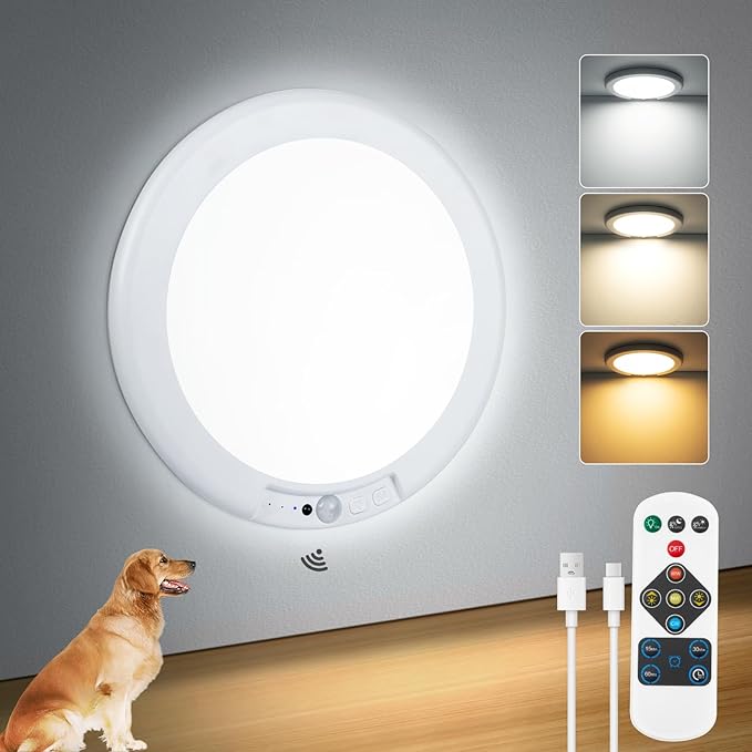 7.48" Battery Powered Ceiling Light with Remote, Rechargeable Shower Light Waterproof, Wireless Motion Sensor Ceiling Lights Indoor 3000K/4500K/6500K Dimmable for Bathroom Living Room Closet