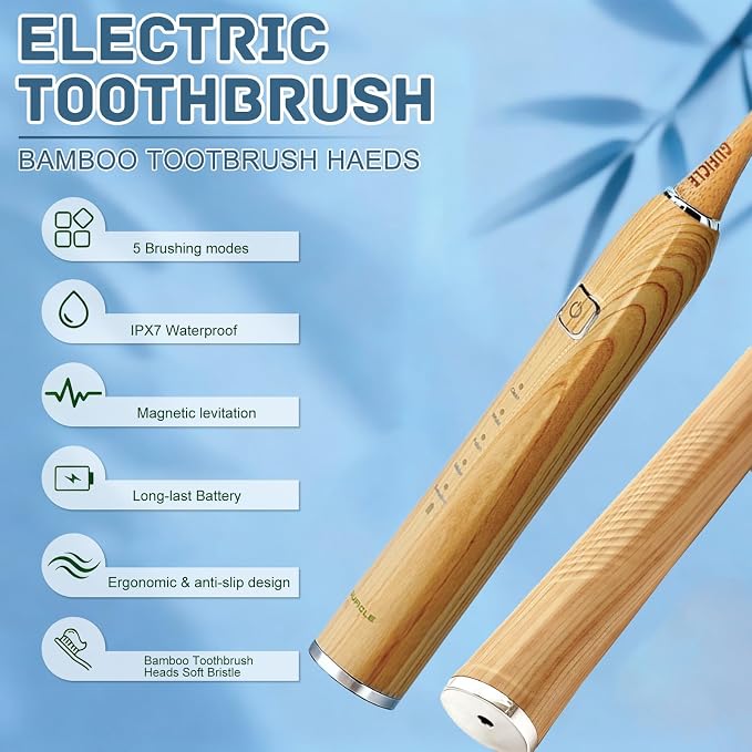 Sonic Electric Toothbrush with Bamboo Heads, Bamboo Electric Toothbrush for Adults, Smart Timer,Sonic Technology 38000 VPM, 4 Replacement Heads, 5 Modes, IPX7 Waterproof, 80-Day Battery Life