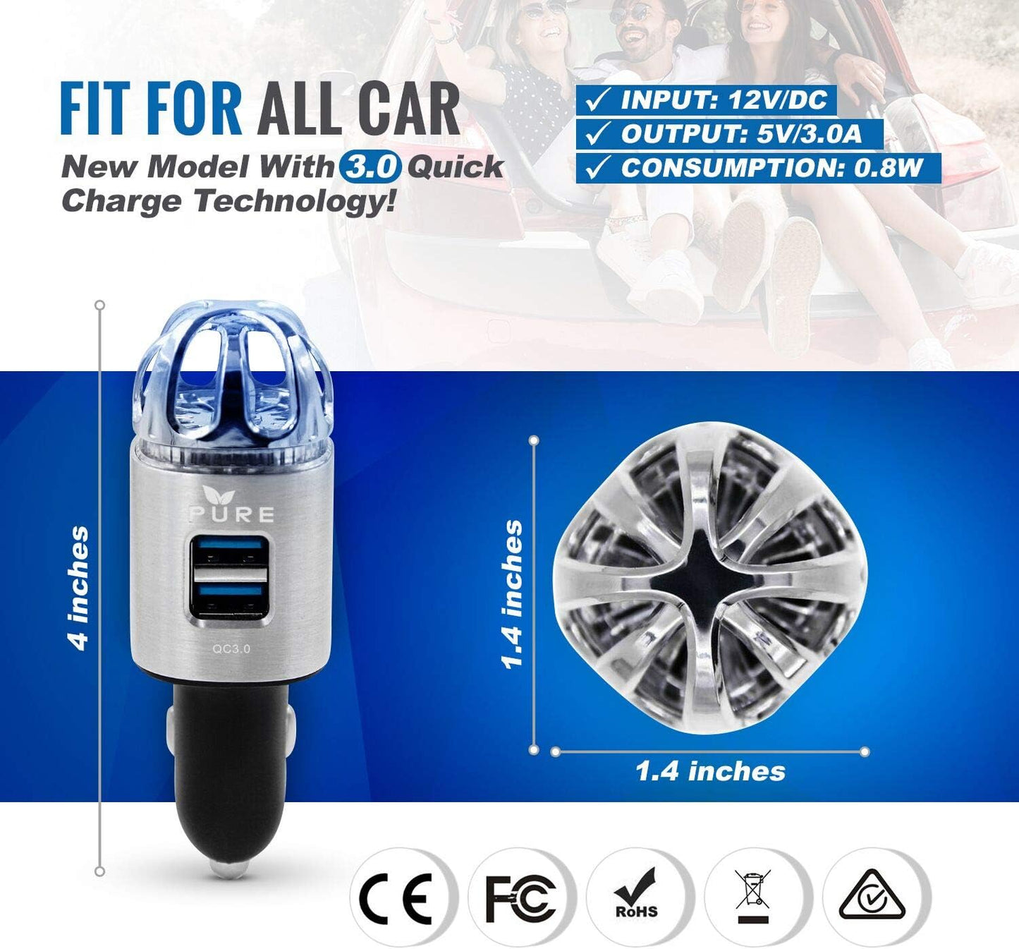 Car Air Purifier 3in1 Premium Stainless Steel Air Filter Ionizer w/Dual USB Quick Charge 3.0 USB-Eliminate Allergens Odor Smell, Smoke, Pets, Pollen Mold Bacteria w/Anti-Microbial Deodorizer (Silver)