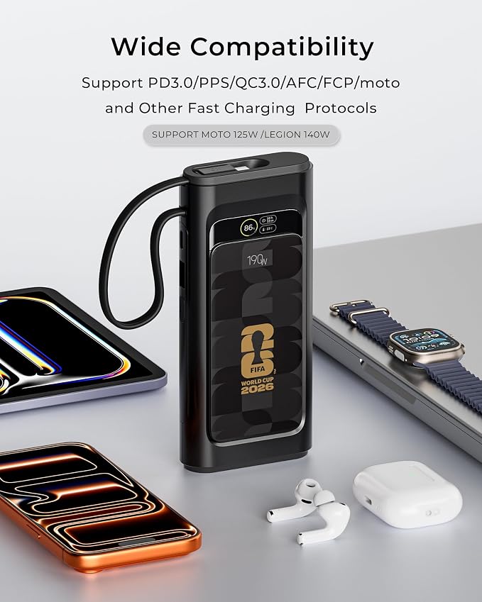 2026 FIFA Licensed 190W 20000mAh Power Bank for Laptop Portable Charger,3-Port USB-C Fast Charging Battery Pack with Built-in USB-C Cables for MacBook,Cell Phones,iPhone,Android,Samsung,Black