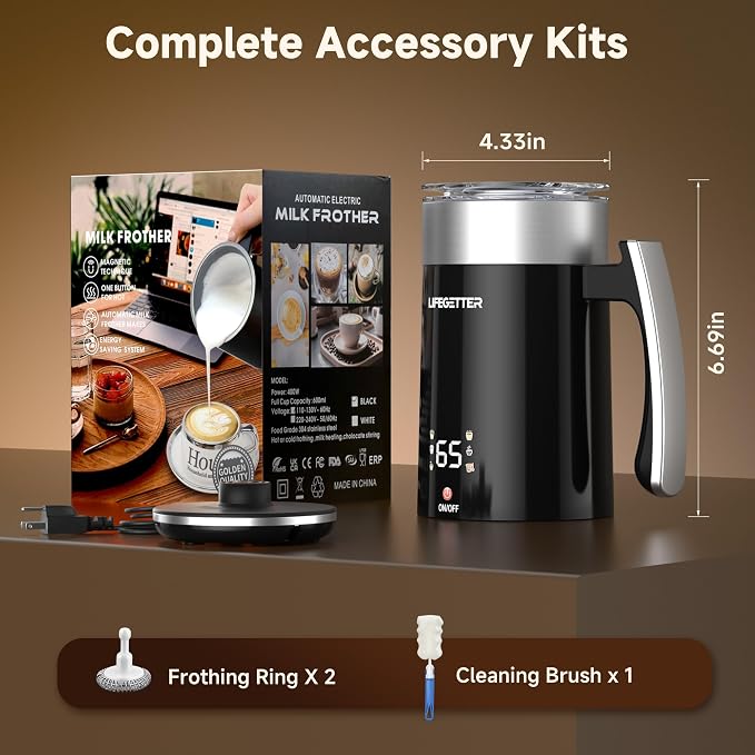 Milk Frother and Steamer 6-in-1 Electric Milk Frother 420ml/14.2oz Automatic Hot and Cold Foam Maker with Temp Contro Milk Warmer for Latte Cappuccino Macchiato Hot Chocolate Yogurt