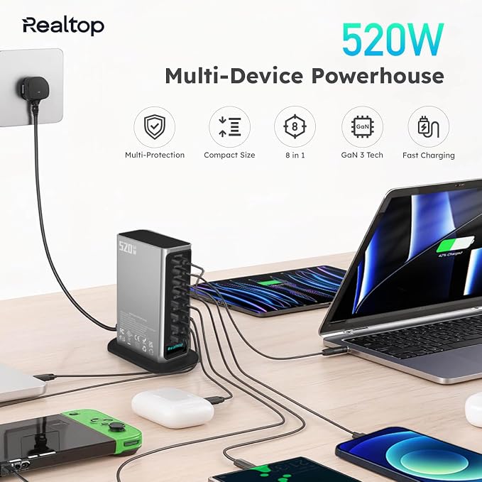 520W USB C Charging Station, 8-Port GaN Fast Type C Charger Block, Wall Charger, Multiport Desktop Power Hub for MacBook Pro, MacBook Air, iPhone 16/15, iPad, Samsung