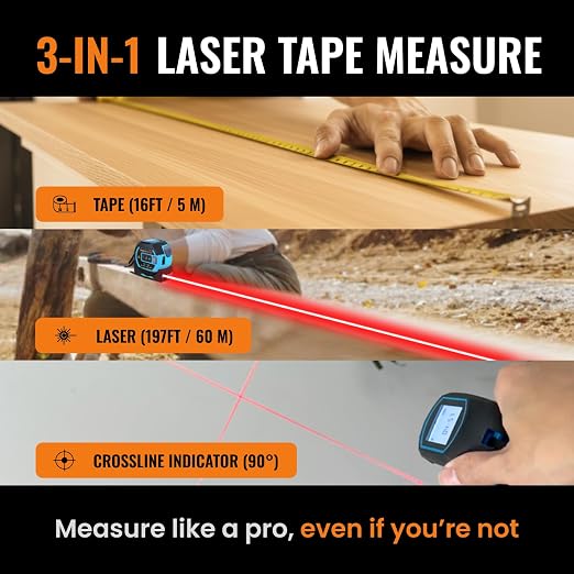 The Almighty Ruler Laser Tape Measure | Laser Distance Measurer, Heavy-Duty Tool with Cross Marking Feature, Smart Range Finder, Easy-Read Display, Ft & Metric Measurement | 196 ft | 65 yd | 60 m