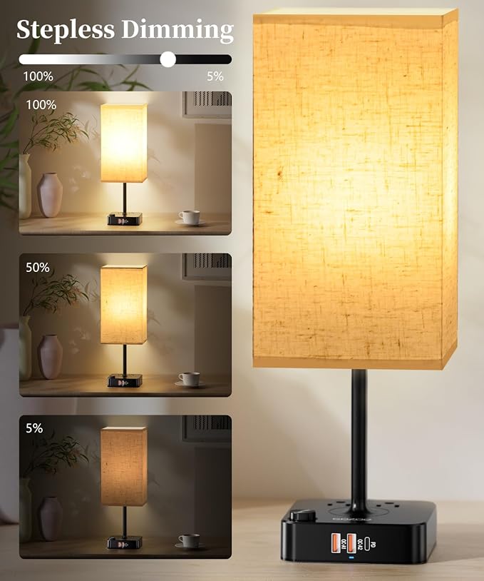 RGB Color Changing Lamp - Multi Color Desk Table Lamp with 2 AC Outlets, Stepless Dimming, Built-in USB-C + USB Charging Ports, Modern LED Bedside Lamp for Bedroom,Living Room, Dorm, or Home Office