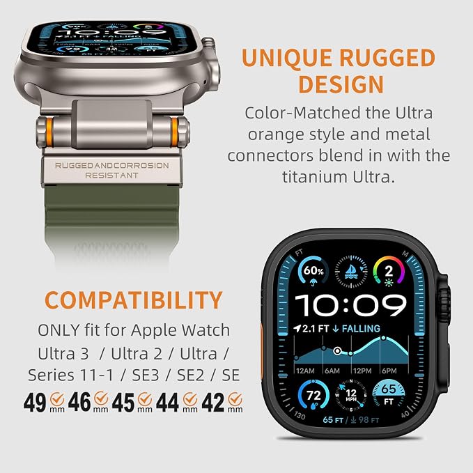 FOAMUNOC Rugged Band Compatible with Apple Watch Ultra 3/2/1 Band 49mm/46mm/45mm/44mm/42mm, Metal Connector with Strap for iWatch Ultra Series 11/10/9/8/7/6/SE3/SE2/SE/5/4/3/2/1, Army Green/Titanium