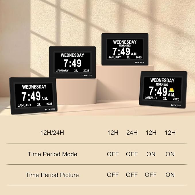 TROCOTN Dementia Clocks, Large Display Calendar Alarm Clock with Auto DST for Seniors, 5 Display Modes Large Font Digital Clock with Custom Alarms Day Date Clocks. (7 Inch Black)