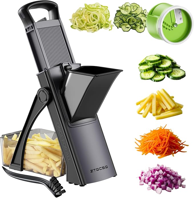 [All in 1] Upgraded Version Safe Mandoline Slicer for Kitchen, Adjustable Thickness. and Spiralizer, Veggie Slicer, Rapid Prep Mandoline, Detachable Blade, Cleaning Brush (Black Knight)