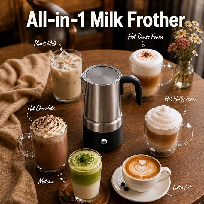 AMZCHEF 8-in-1 Electric Milk Frother and Steamer 600W, 17oz Large Split Stainless Steel Pitcher, Automatic Hot and Cold Foam Maker with LED Display, Milk Warmer for Lattes, Cappuccinos, Macchiato