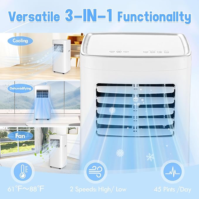 10000 BTU 3-IN-1 Portable Air Conditioner, Cools up to 450 Sq.Ft, Portable AC with Remote, LED Display, 24H Timer, Installation Kits & Screwdriver, No Wall Required, Ideal for Home & Office