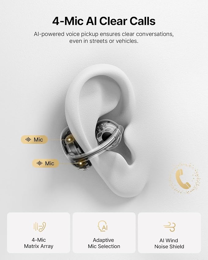 Baseus Bowie MC2 Air Open Ear Clip-on Earbuds, CloudComfort Air Cushions for Workout Running, 11mm Drivers Super Bass 2.0, IP67 Waterproof, 40H Playtime, Flexible Secure Fit Earbuds