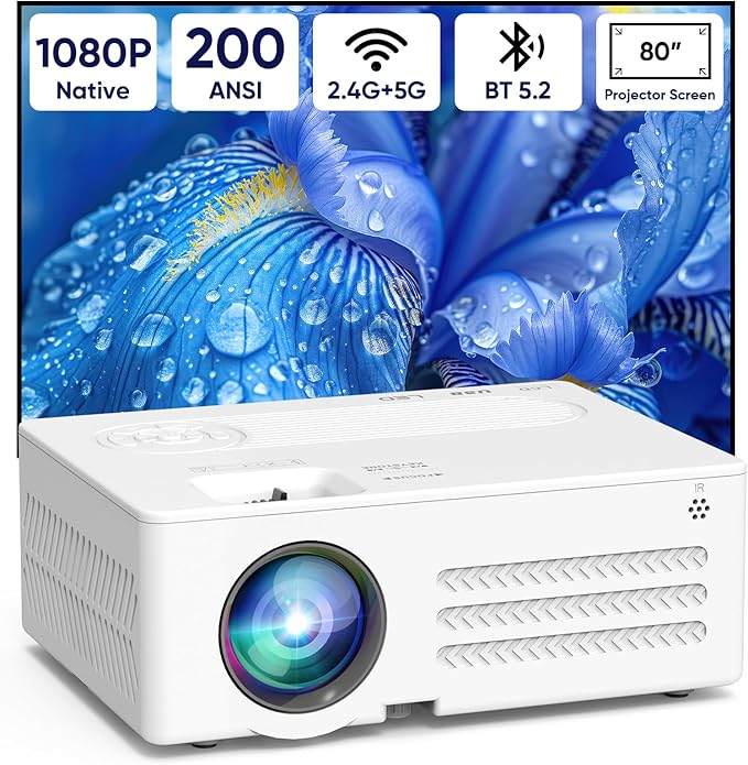 Mini Projector with WiFi and Bluetooth Native 1080P 4K Support, Portable Movie Projector with Screen, Compatible with Smartphone, HDMI, TV Stick for Home, Bedroom, Outdoor Use