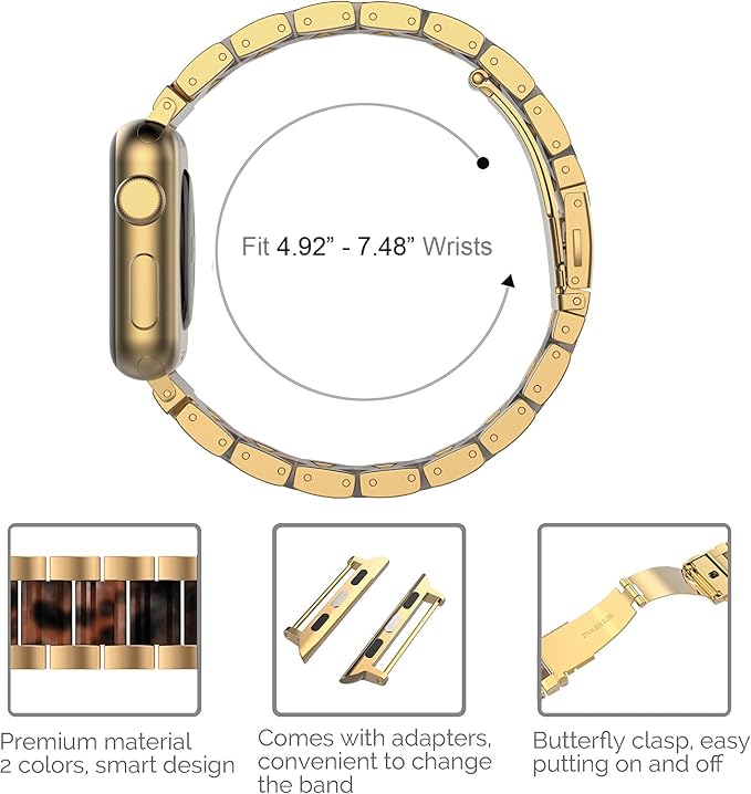 Wearlizer Tortoise Resin Compatible with Apple Watch Bands 38/40/41/42mm Womens, Wristbands Gold Stainless Steel Replacement Classic Strap Metal iWatch Series 11 10 9 8 7 6 5 4 3 SE/Ultra 3 2 1