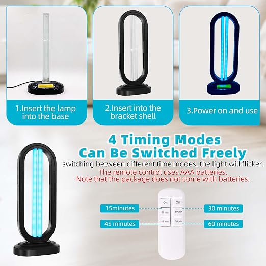 Feefir UV Light Sanitizer,4-Speed Timing and Remote Control | UVC Home Disinfection Device,Ultraviolet Light Sanitizer for Dust Mites,UV Lamp for Whole Room,Black
