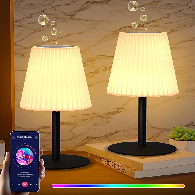 uuffoo 2 Pack Shower Lamp | Dual Speaker Pairing & RGB, IP44 Waterproof Rechargeable Table Lamp, Battery Operated Outdoor Lamp, Suitable for Inside Shower Bathroom Patio Garden Balcony Party