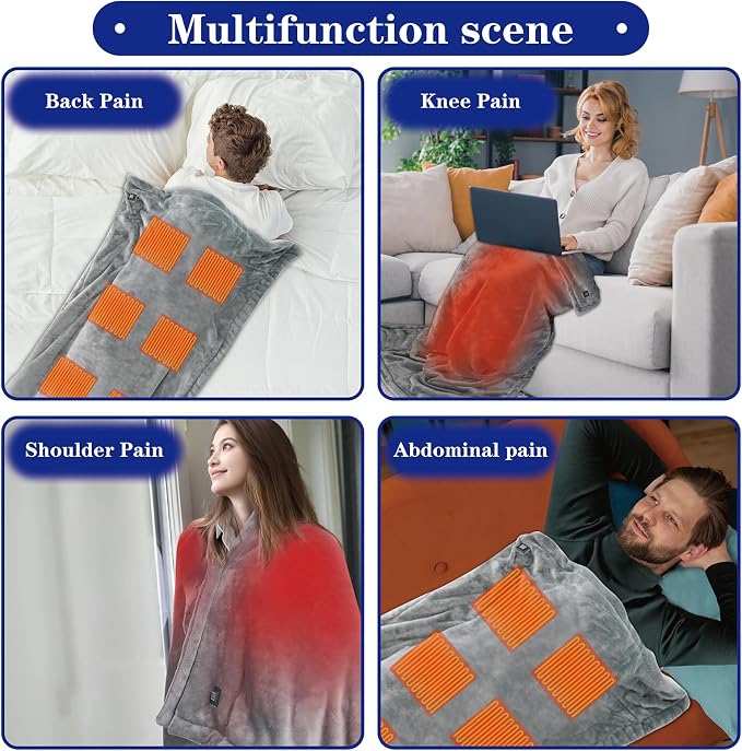 Cordless Wearable Heated Blanket with Power Bank, USB Battery Operated Electric Throw Shawl, 3 Heat Levels & 6 Zones, Soft Flannel Portable Warm Blanket for Home Office, Outdoor, Camping, Travel-Grey