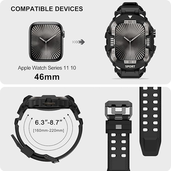 DABAOZA Rugged Case with Band Compatible with Apple Watch 46mm, for iWatch Series 11/10,Military Grade Shockproof Bumper and Men's Tactical Heavy Duty Strap(Black/Black,46MM)