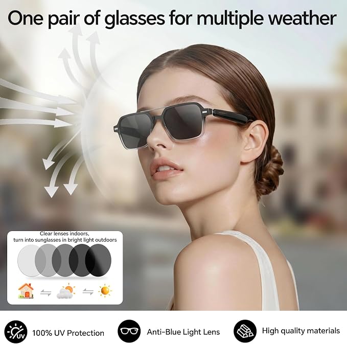 Aviator Smart Glasses for Men & Women, Audio Bluetooth Glasses, Wear Induction Power On/Off, Touch Control, Photochromic Lens, Smart Sunglasses, Music, Hands-Free Calls, UV/Blue Light Protection